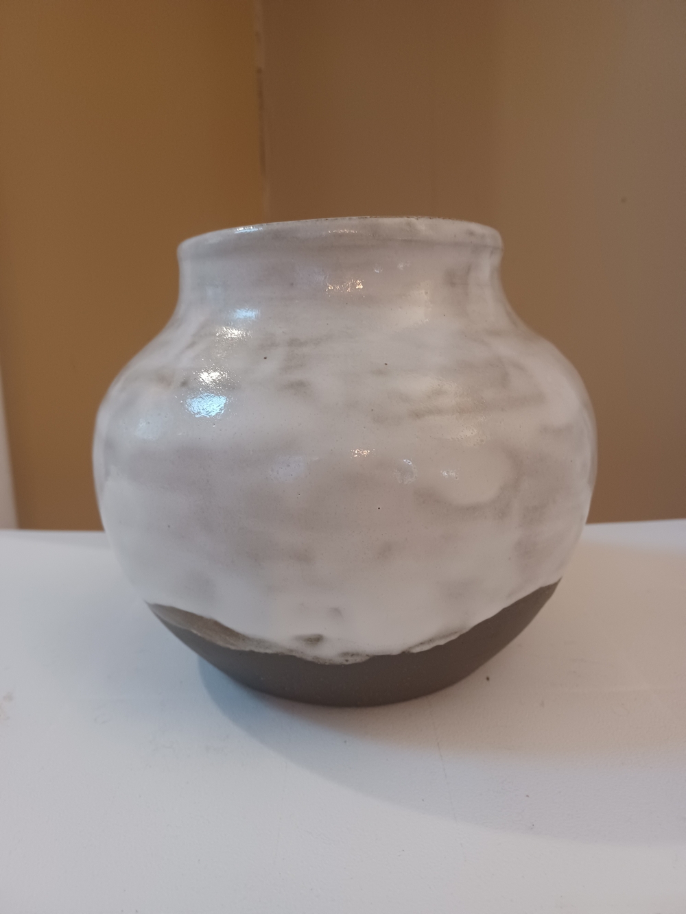 Carol Doud Signed Studio Art Pottery 6.5" Moon Jar Vase Cream & Brown Rustic
